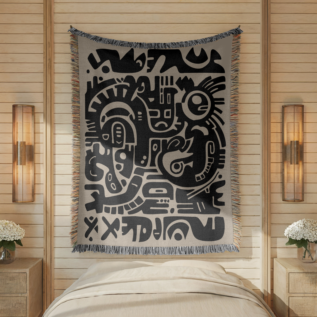 Abstract Tribal Woven Blanket, Modern Boho Throw Blanket for Minimalist Home Decor, Neutral Geometric Art Gift for Contemporary Spaces
