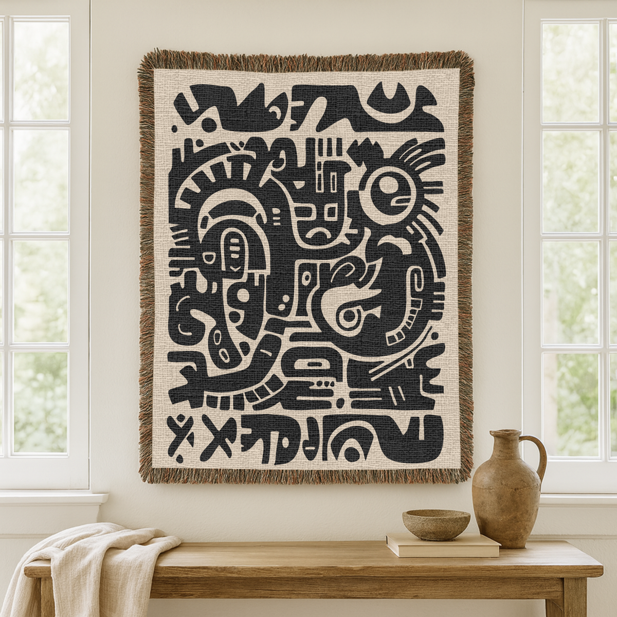 Abstract Tribal Woven Blanket, Modern Boho Throw Blanket for Minimalist Home Decor, Neutral Geometric Art Gift for Contemporary Spaces