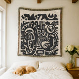 Abstract Tribal Woven Blanket, Modern Boho Throw Blanket for Minimalist Home Decor, Neutral Geometric Art Gift for Contemporary Spaces