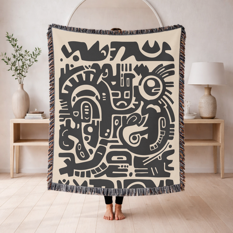 Cream fringed woven blanket printed with bold black abstract shapes packed edge to edge, among them stylised faces, eyes and rounded geometric forms in a rough hand-cut style.