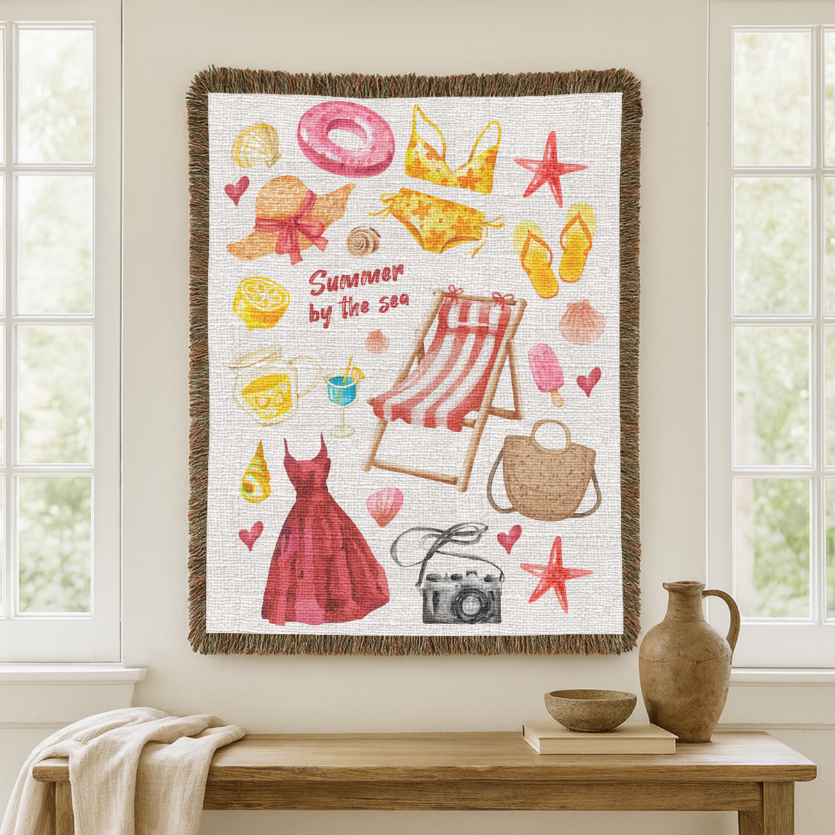 Summer Beach Woven Blanket, Coastal Vacation Throw Blanket for Tropical Home Decor, Cute Seaside Gift for Beach Lovers