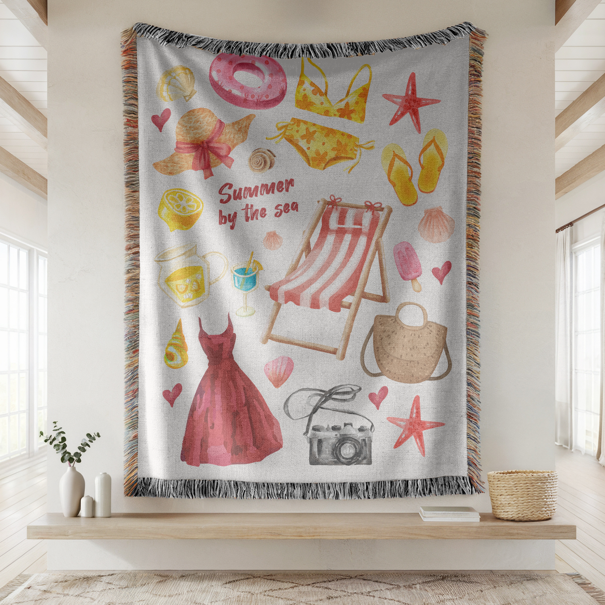 Summer Beach Woven Blanket, Coastal Vacation Throw Blanket for Tropical Home Decor, Cute Seaside Gift for Beach Lovers