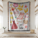 Summer Beach Woven Blanket, Coastal Vacation Throw Blanket for Tropical Home Decor, Cute Seaside Gift for Beach Lovers
