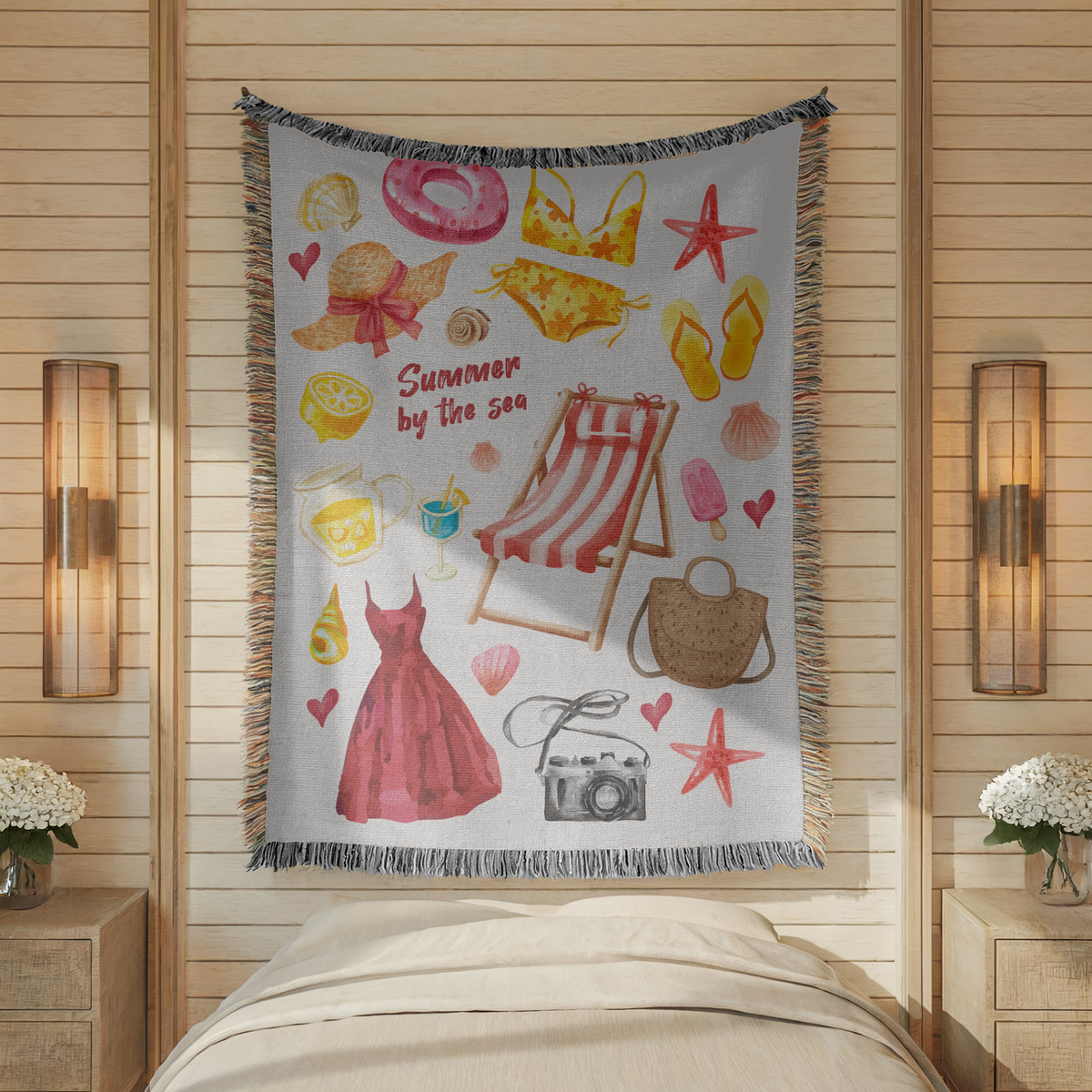 Summer Beach Woven Blanket, Coastal Vacation Throw Blanket for Tropical Home Decor, Cute Seaside Gift for Beach Lovers