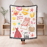 Summer Beach Woven Blanket, Coastal Vacation Throw Blanket for Tropical Home Decor, Cute Seaside Gift for Beach Lovers