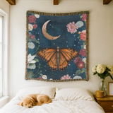 Celestial Butterfly Woven Blanket, Moon and Floral Throw Blanket for Dark Academia Decor, Mystic Nature Gift for Butterfly Lovers