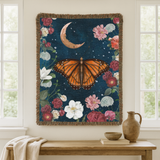 Celestial Butterfly Woven Blanket, Moon and Floral Throw Blanket for Dark Academia Decor, Mystic Nature Gift for Butterfly Lovers