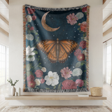 Celestial Butterfly Woven Blanket, Moon and Floral Throw Blanket for Dark Academia Decor, Mystic Nature Gift for Butterfly Lovers