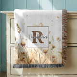 Personalized Family Name Woven Blanket, Neutral Floral Throw Blanket, Custom Last Name Gift, Beige Boho Home Decor