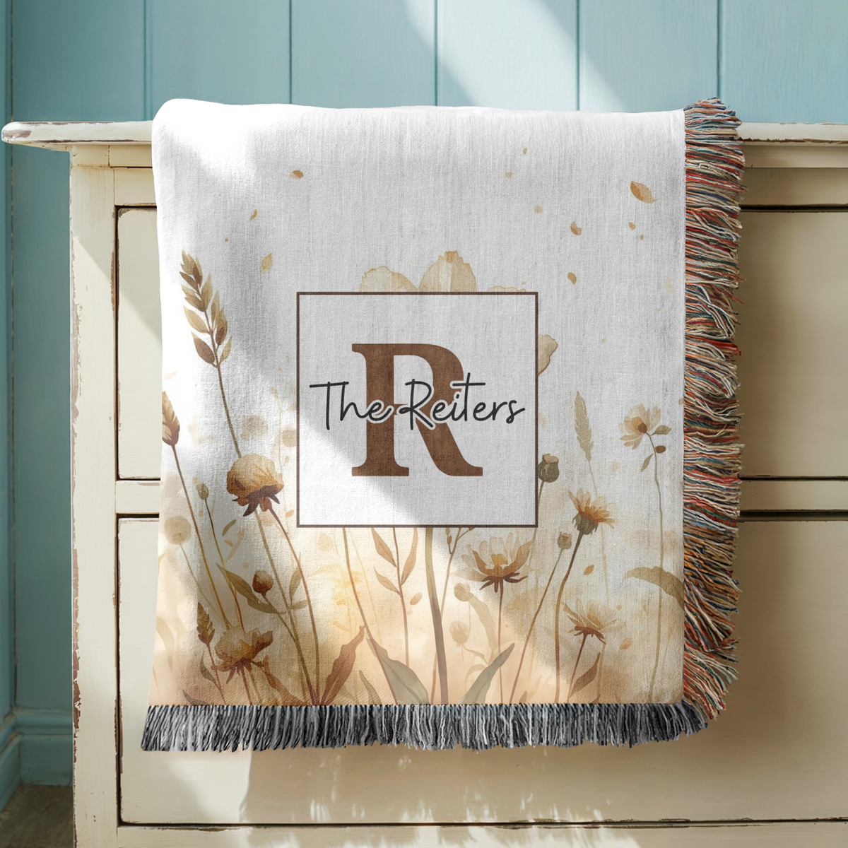 Personalized Family Name Woven Blanket, Neutral Floral Throw Blanket, Custom Last Name Gift, Beige Boho Home Decor