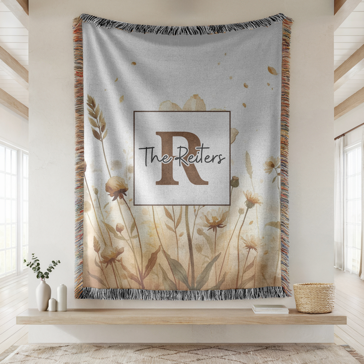 Personalized Family Name Woven Blanket, Neutral Floral Throw Blanket, Custom Last Name Gift, Beige Boho Home Decor