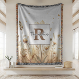 Personalized Family Name Woven Blanket, Neutral Floral Throw Blanket, Custom Last Name Gift, Beige Boho Home Decor