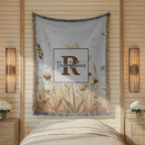 Personalized Family Name Woven Blanket, Neutral Floral Throw Blanket, Custom Last Name Gift, Beige Boho Home Decor