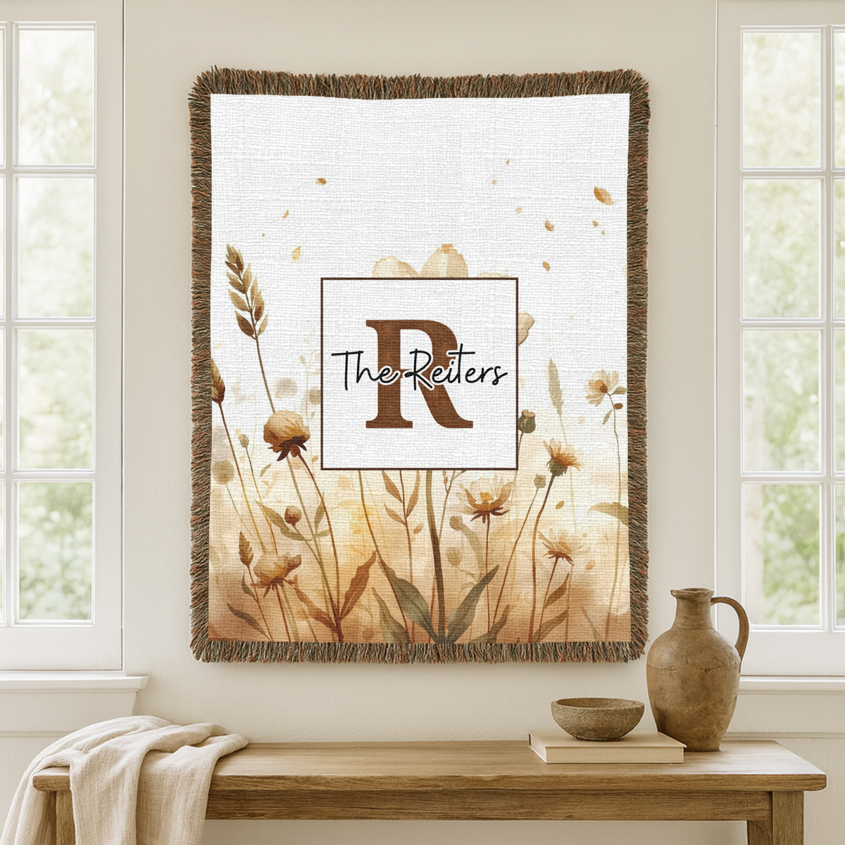 Personalized Family Name Woven Blanket, Neutral Floral Throw Blanket, Custom Last Name Gift, Beige Boho Home Decor