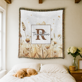 Personalized Family Name Woven Blanket, Neutral Floral Throw Blanket, Custom Last Name Gift, Beige Boho Home Decor