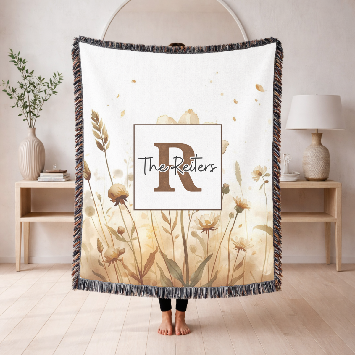 Personalized Family Name Woven Blanket, Neutral Floral Throw Blanket, Custom Last Name Gift, Beige Boho Home Decor