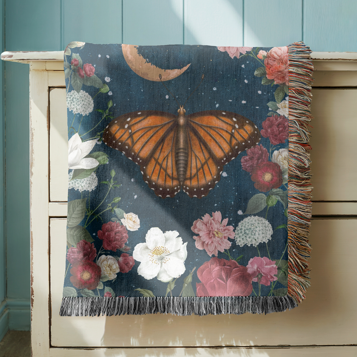 Celestial Butterfly Woven Blanket, Moon and Floral Throw Blanket for Dark Academia Decor, Mystic Nature Gift for Butterfly Lovers