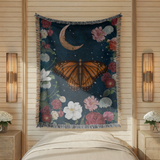 Celestial Butterfly Woven Blanket, Moon and Floral Throw Blanket for Dark Academia Decor, Mystic Nature Gift for Butterfly Lovers