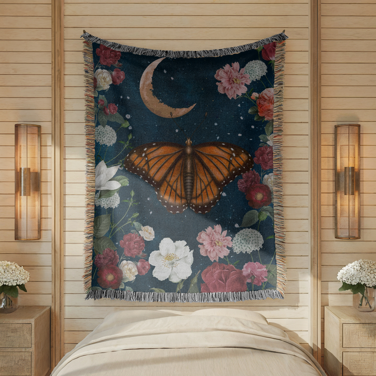 Celestial Butterfly Woven Blanket, Moon and Floral Throw Blanket for Dark Academia Decor, Mystic Nature Gift for Butterfly Lovers