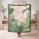 Tropical Palm Woven Blanket, Boho Jungle Throw Blanket for Coastal Home Decor, Pink Botanical Wall Tapestry Gift for Plant Lovers