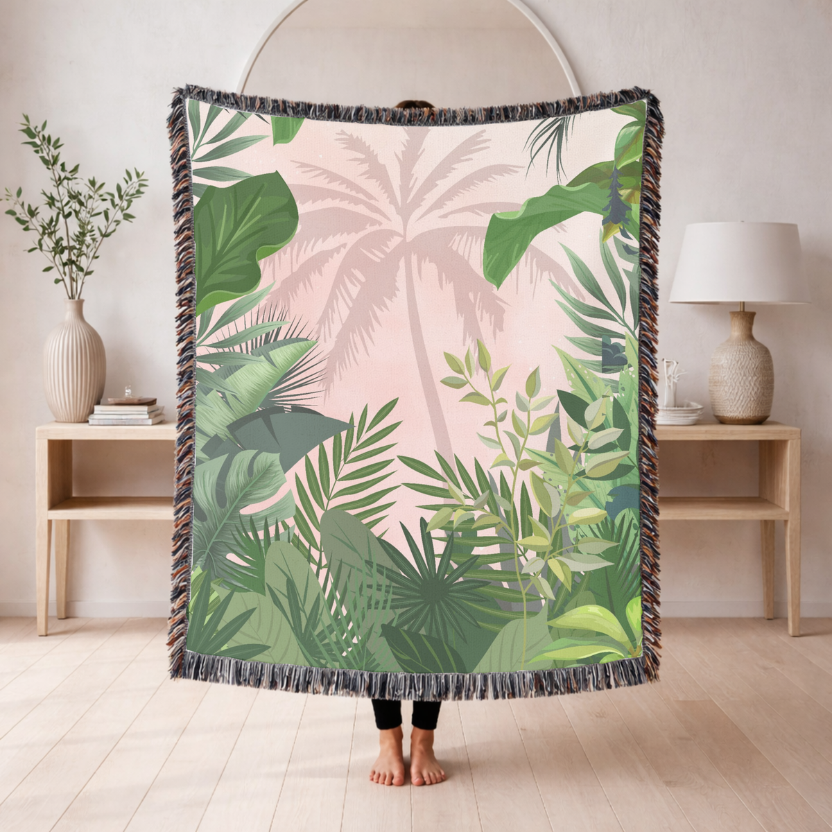 Tropical Palm Woven Blanket, Boho Jungle Throw Blanket for Coastal Home Decor, Pink Botanical Wall Tapestry Gift for Plant Lovers