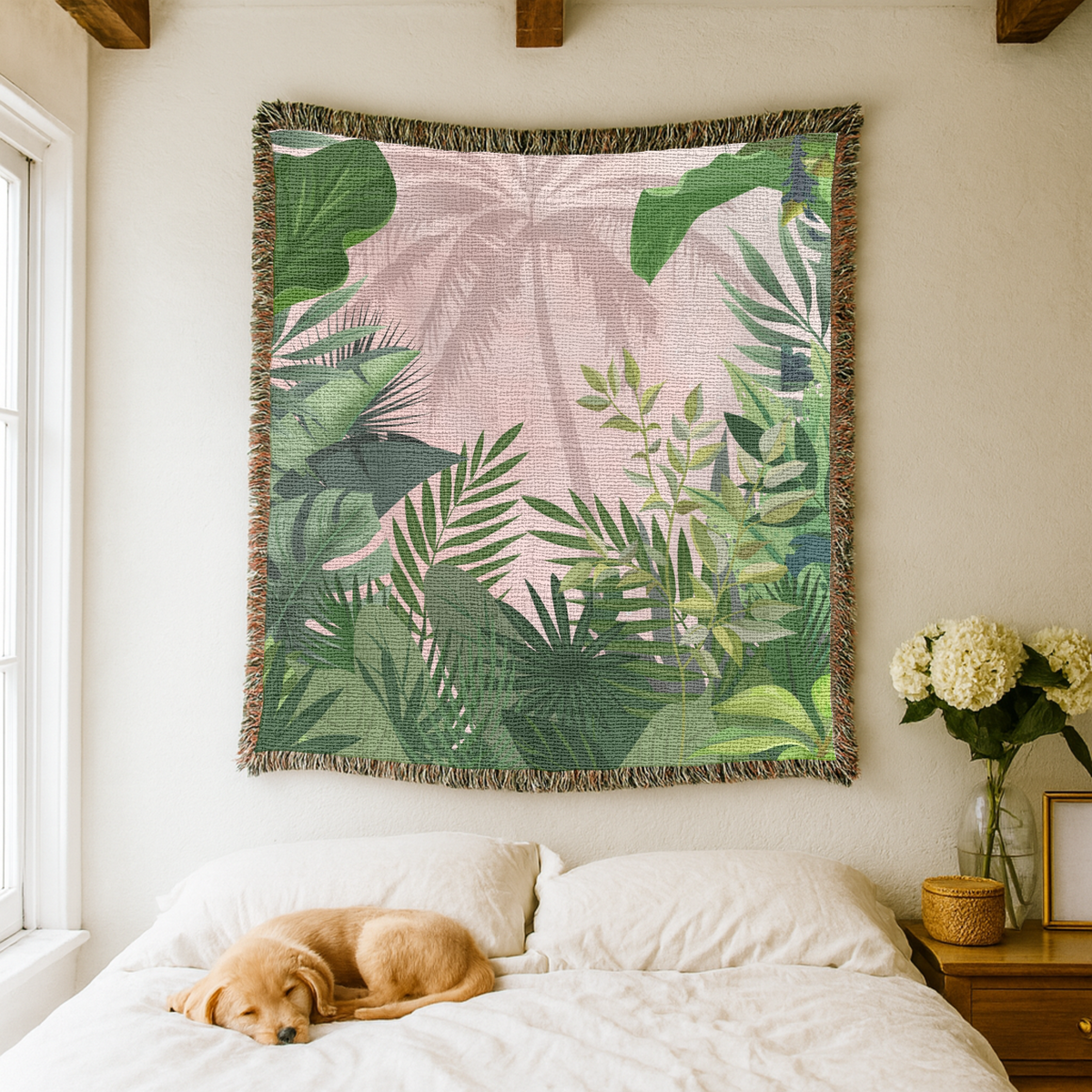 Tropical Palm Woven Blanket, Boho Jungle Throw Blanket for Coastal Home Decor, Pink Botanical Wall Tapestry Gift for Plant Lovers