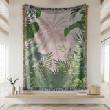 Tropical Palm Woven Blanket, Boho Jungle Throw Blanket for Coastal Home Decor, Pink Botanical Wall Tapestry Gift for Plant Lovers