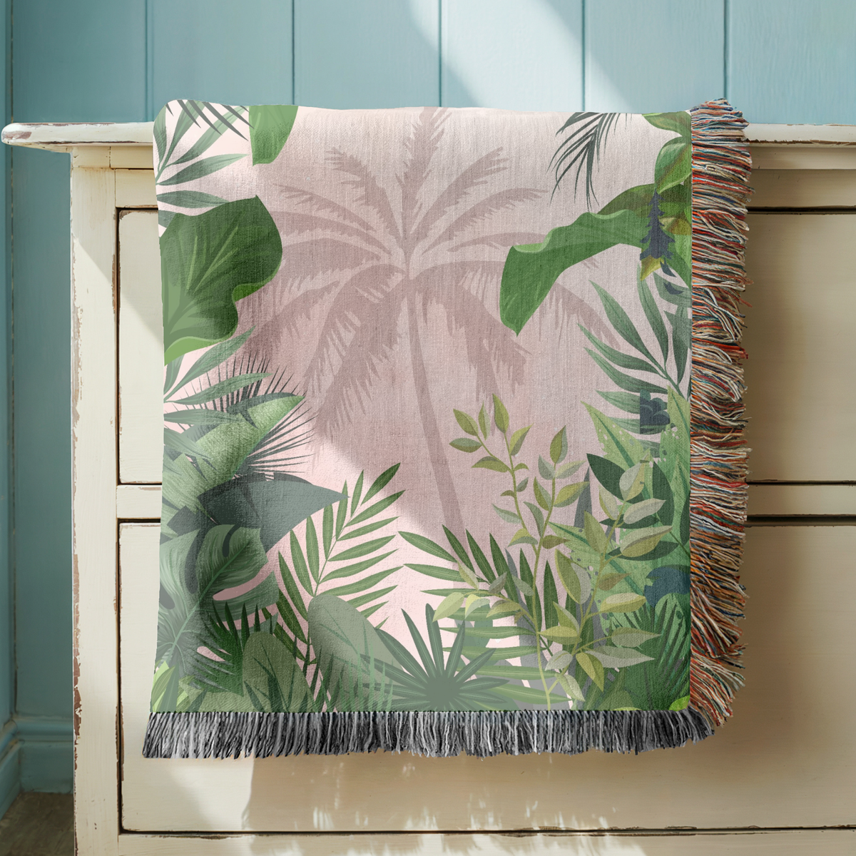 Tropical Palm Woven Blanket, Boho Jungle Throw Blanket for Coastal Home Decor, Pink Botanical Wall Tapestry Gift for Plant Lovers