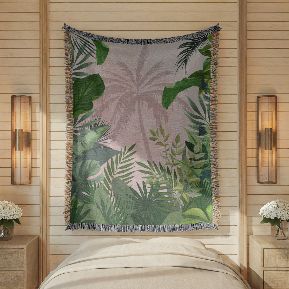 Tropical Palm Woven Blanket, Boho Jungle Throw Blanket for Coastal Home Decor, Pink Botanical Wall Tapestry Gift for Plant Lovers