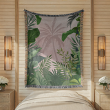 Tropical Palm Woven Blanket, Boho Jungle Throw Blanket for Coastal Home Decor, Pink Botanical Wall Tapestry Gift for Plant Lovers