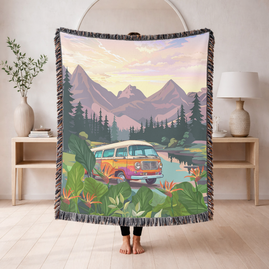 Retro Camper Van Woven Blanket, Vintage Road Trip Throw Blanket for Adventure Lovers, Boho Mountain Camping Gift for Van Life Decor