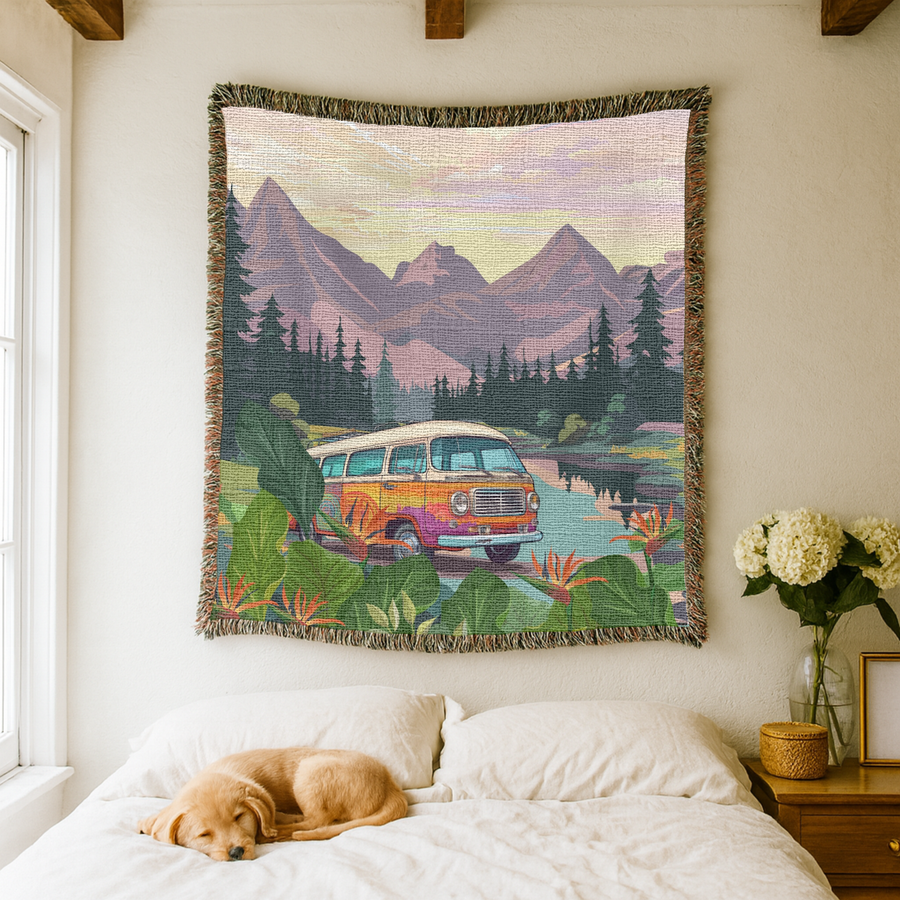 Retro Camper Van Woven Blanket, Vintage Road Trip Throw Blanket for Adventure Lovers, Boho Mountain Camping Gift for Van Life Decor