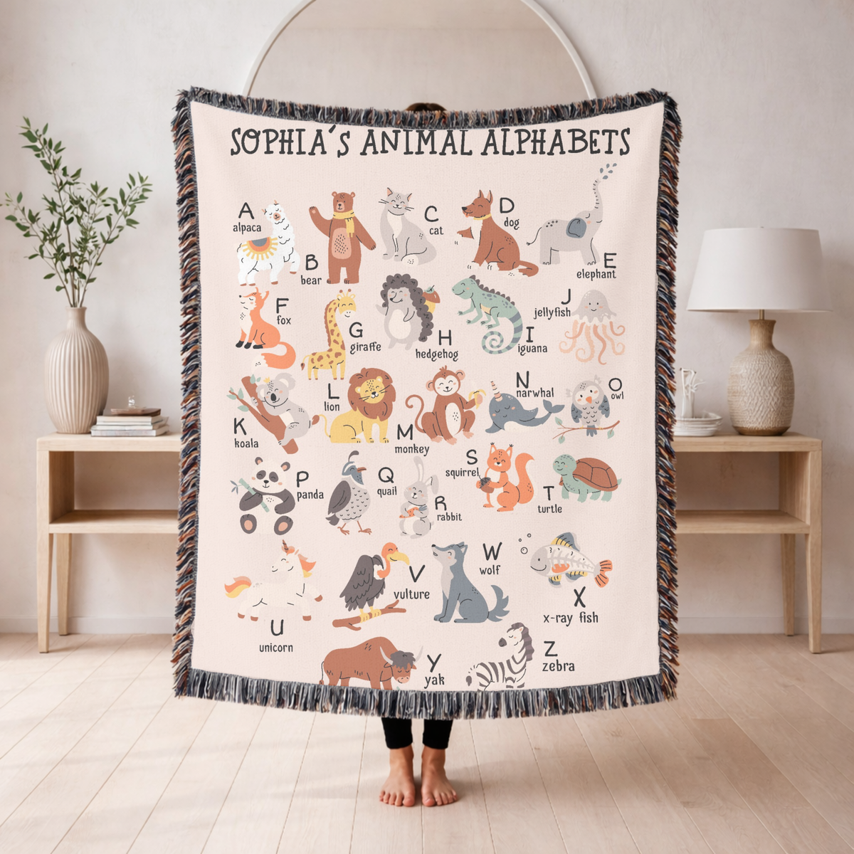 Personalized Animal Alphabet Woven Blanket, Custom Kids Learning Throw Blanket for Nursery Decor, Cute ABC Baby Gift for Toddlers