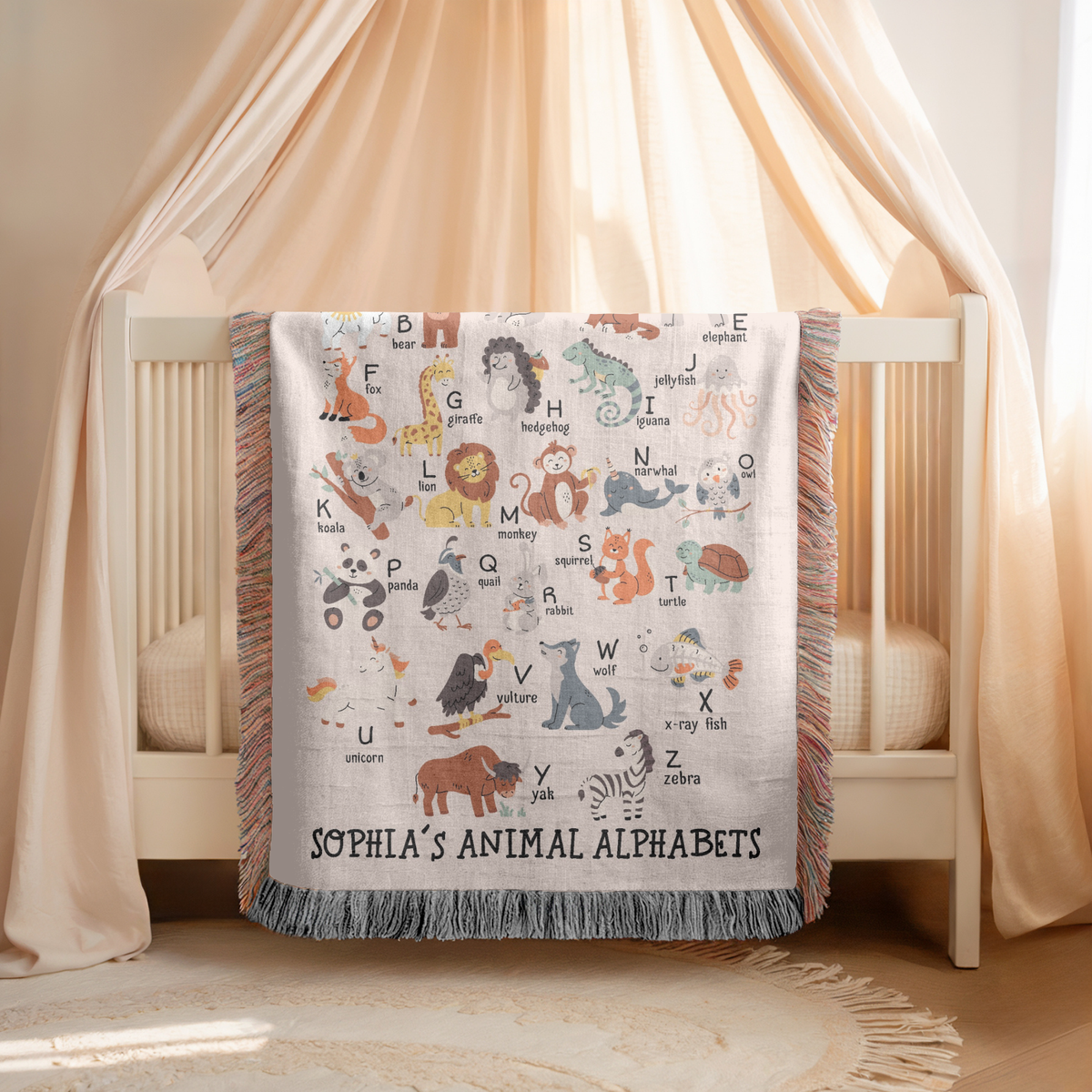 Personalized Animal Alphabet Woven Blanket, Custom Kids Learning Throw Blanket for Nursery Decor, Cute ABC Baby Gift for Toddlers