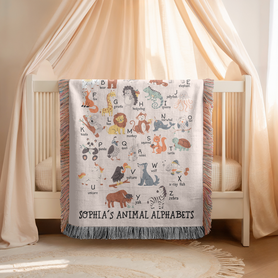 Personalized Animal Alphabet Woven Blanket, Custom Kids Learning Throw Blanket for Nursery Decor, Cute ABC Baby Gift for Toddlers