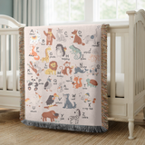 Personalized Animal Alphabet Woven Blanket, Custom Kids Learning Throw Blanket for Nursery Decor, Cute ABC Baby Gift for Toddlers