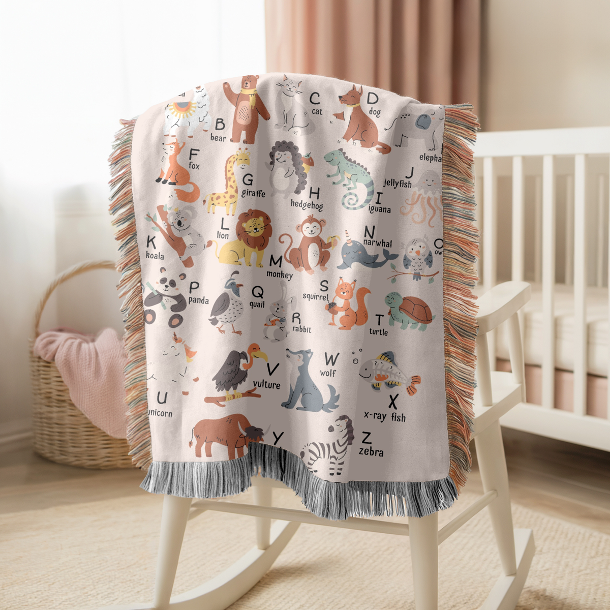 Personalized Animal Alphabet Woven Blanket, Custom Kids Learning Throw Blanket for Nursery Decor, Cute ABC Baby Gift for Toddlers