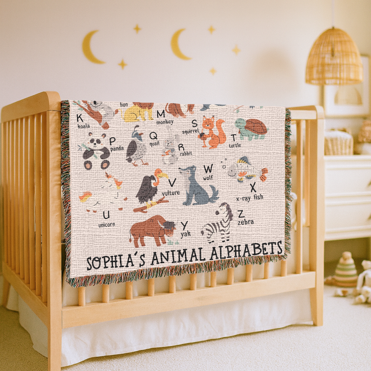 Personalized Animal Alphabet Woven Blanket, Custom Kids Learning Throw Blanket for Nursery Decor, Cute ABC Baby Gift for Toddlers