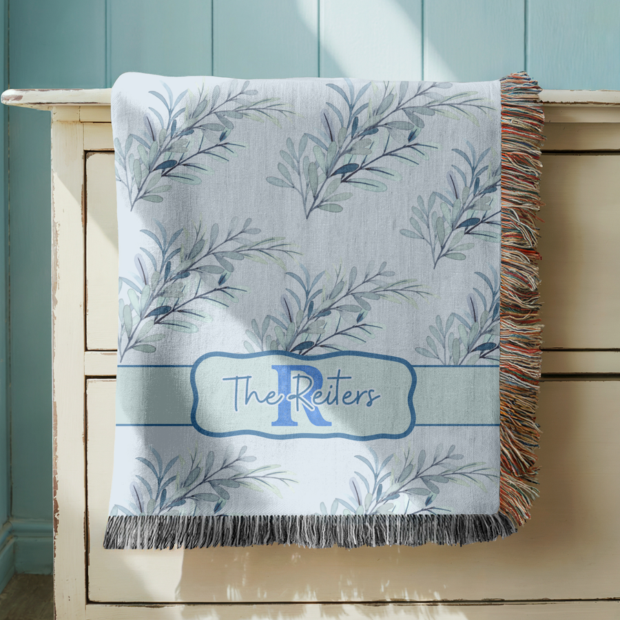 Personalized Blue Botanical Woven Blanket, Custom Family Name Throw, Cozy Housewarming Gift, Cottagecore Home Decor
