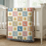 Celestial Sun and Moon Woven Blanket, Pastel Astrology Throw Blanket, Boho Bedroom Decor, Witchy Gift for Her, Moon Phase Cozy Home Accent