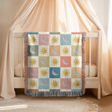 Celestial Sun and Moon Woven Blanket, Pastel Astrology Throw Blanket, Boho Bedroom Decor, Witchy Gift for Her, Moon Phase Cozy Home Accent