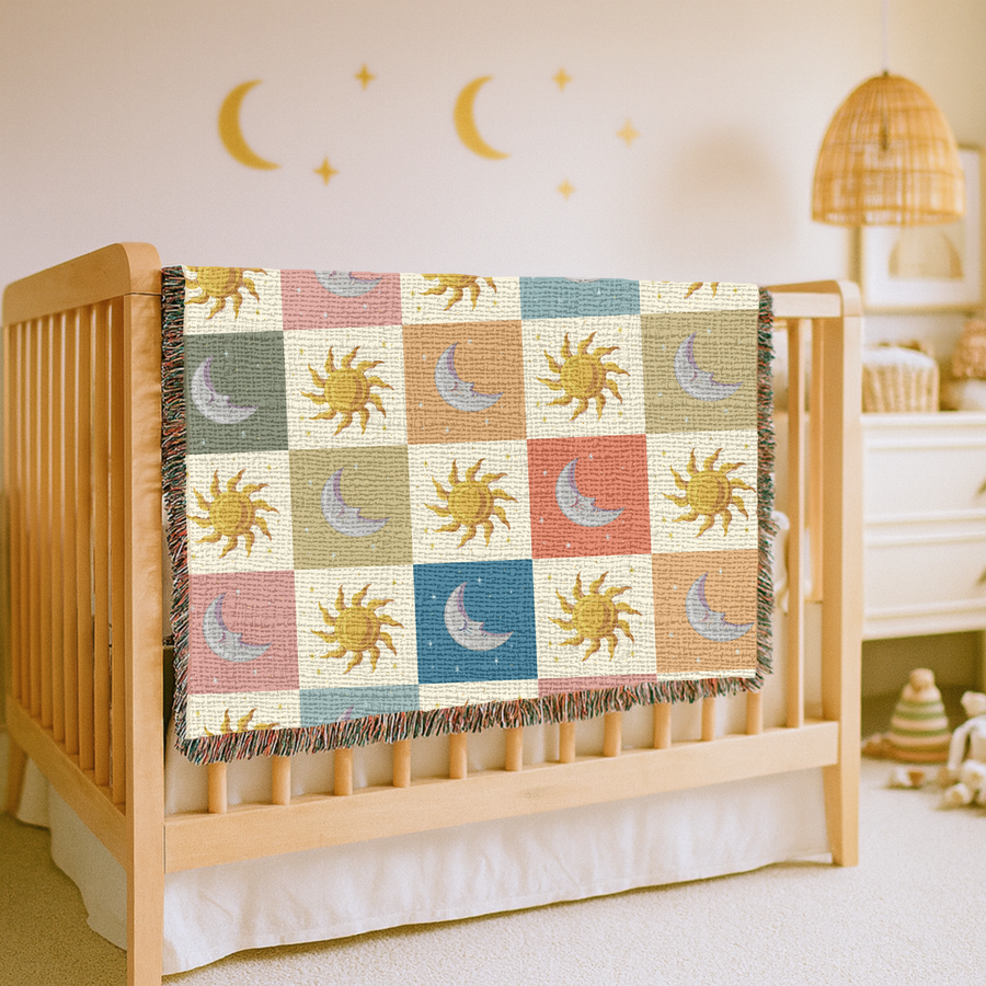 Celestial Sun and Moon Woven Blanket, Pastel Astrology Throw Blanket, Boho Bedroom Decor, Witchy Gift for Her, Moon Phase Cozy Home Accent