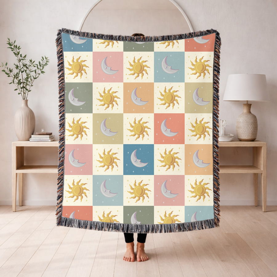 Celestial Sun and Moon Woven Blanket, Pastel Astrology Throw Blanket, Boho Bedroom Decor, Witchy Gift for Her, Moon Phase Cozy Home Accent