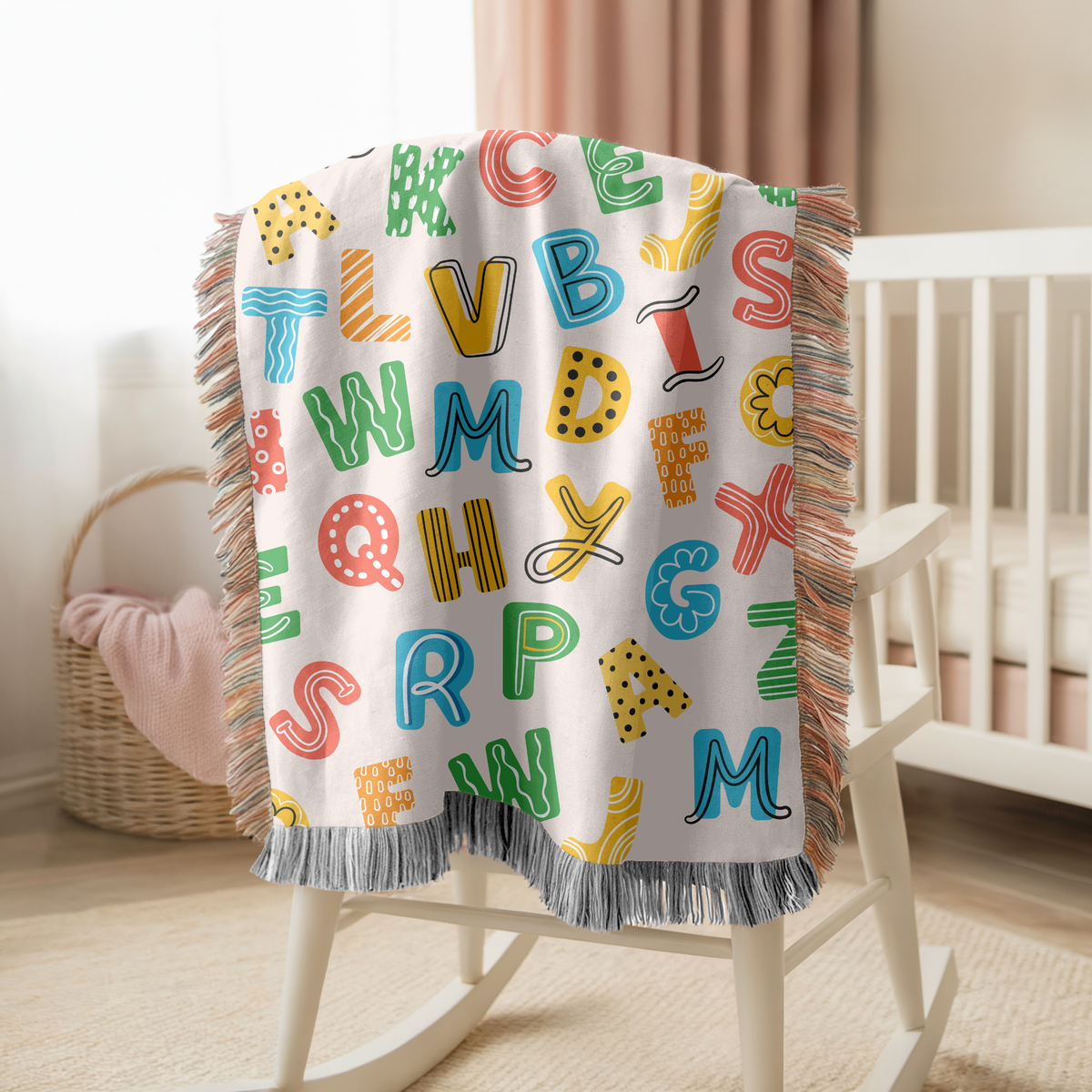 Alphabet Learning Woven Blanket, ABC Nursery Throw Blanket, Educational Kids Room Decor, Preschool Teacher Gift, Colorful Baby Bedding Accent