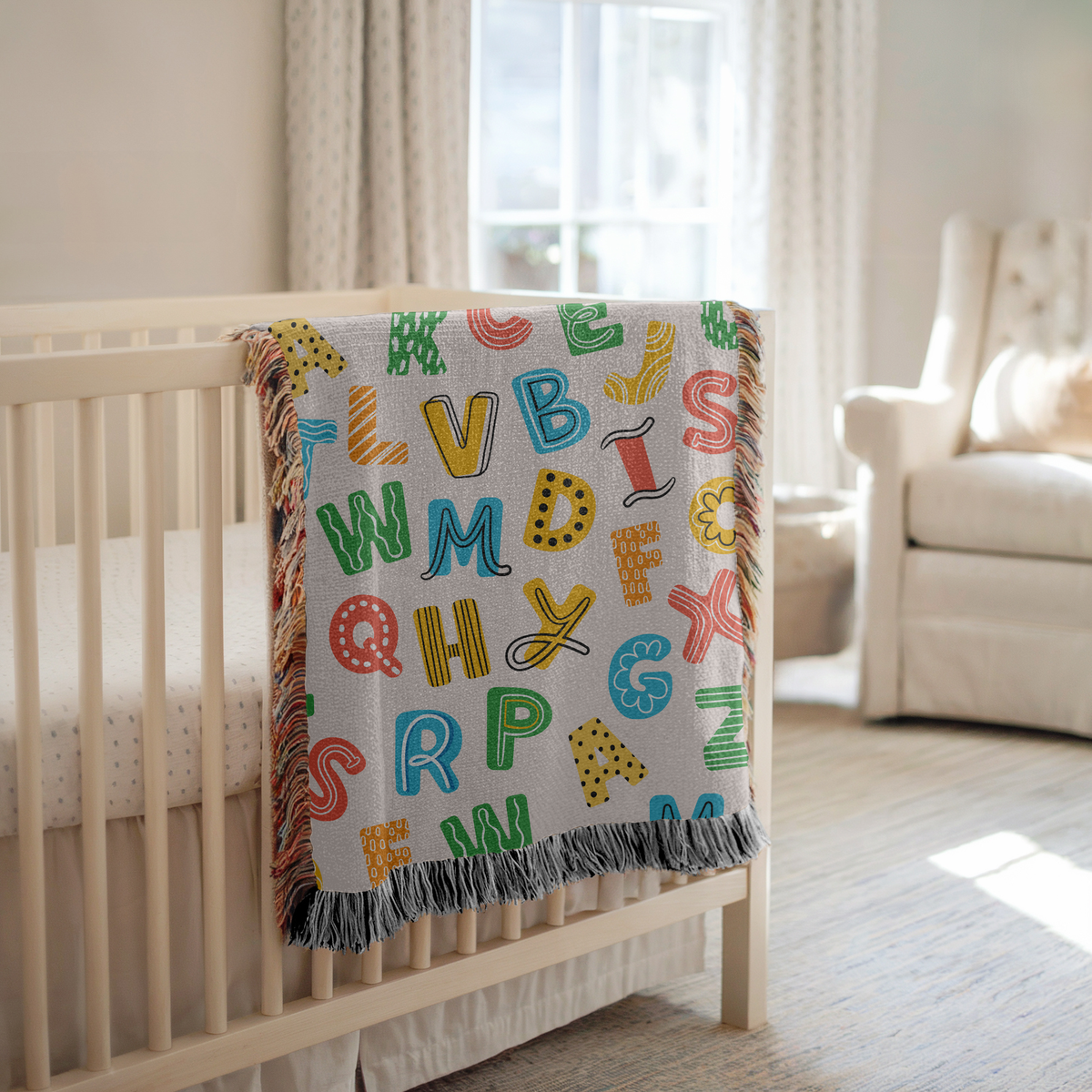 Alphabet Learning Woven Blanket, ABC Nursery Throw Blanket, Educational Kids Room Decor, Preschool Teacher Gift, Colorful Baby Bedding Accent