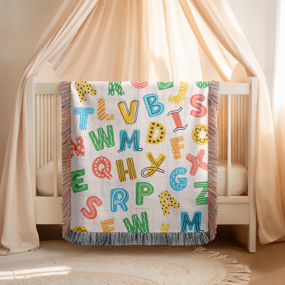 Alphabet Learning Woven Blanket, ABC Nursery Throw Blanket, Educational Kids Room Decor, Preschool Teacher Gift, Colorful Baby Bedding Accent