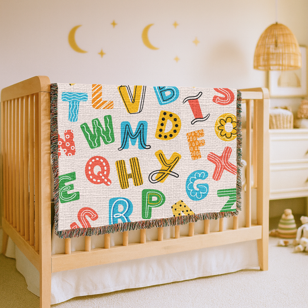 Alphabet Learning Woven Blanket, ABC Nursery Throw Blanket, Educational Kids Room Decor, Preschool Teacher Gift, Colorful Baby Bedding Accent