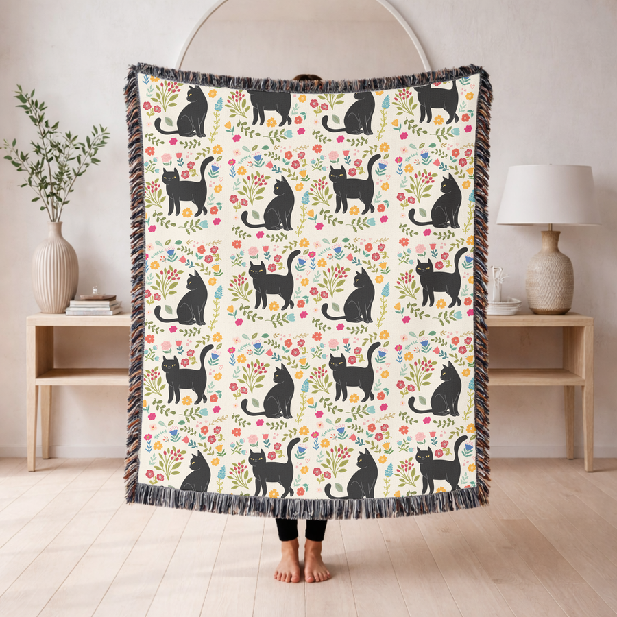 Cream fringed woven blanket patterned with black cats sitting, standing and stretching among small folk-art flowers in pink, yellow, blue and red on curling green leafy stems.
