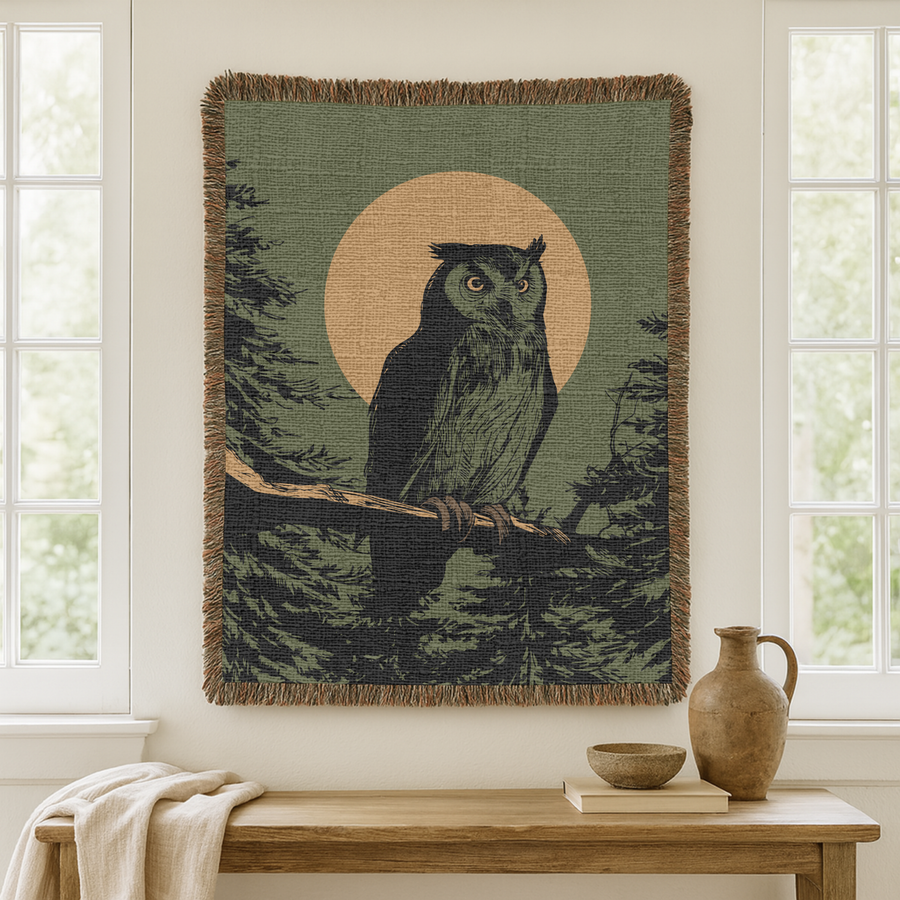 Olive green fringed woven blanket printed with a horned owl perched on a branch against a large cream moon, its eyes lit, with dark pine silhouettes rising on either side.