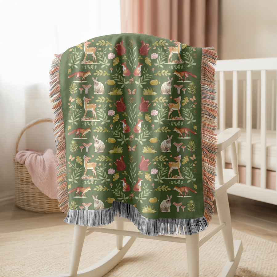 Olive Green Forest Animals Woven Blanket, Woodland Throw Blanket, Cottagecore Home Decor, Nature Inspired Cotton Blanket, Cozy Forest Gift